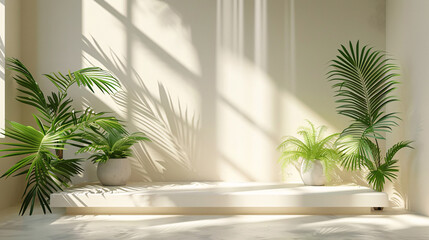 Minimalist stand with palm leaves and light play, ideal for beauty and cosmetic product displays
