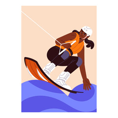 Happy girl holds rope, rides on kitesurfing board on ocean waves. Young woman in helmet wakeboarding, kiteboarding. Person goes extreme water sport, does tricks, stants. Flat vector illustration