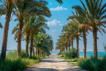 A view of a dirt road lined with palm trees next to the ocean - Powered by Adobe