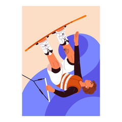 Professional athlete surfing, rides on board with foot bindings, jumps on ocean waves. Person goes extreme water sport. Rider wakeboarding, kitesurfing, does tricks, stants. Flat vector illustration