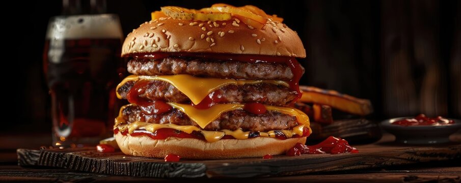 Close-up of a double cheeseburger with layers of beef, cheese, and toppings, served with a side of fries and a drink.