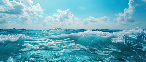photo of clean blue sea waves, with a slightly cloudy blue sky widescreen, Generate AI