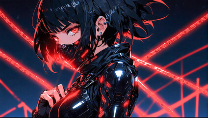 Portrait of an anime style cyberpunk female ninja warrior on a dark moody and atmospheric background