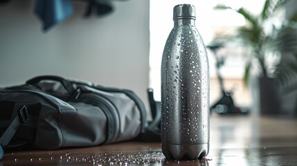 Refreshing Hydration - Close-Up of Stainless Steel Water Bottle with Condensation Drops in Minimalist Gym Setting