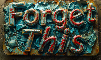 Forget This Rustic Metal Typography on Crumpled Blue Background - Grunge Style Inspirational Wall Art with Distressed Vintage Look