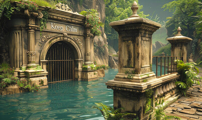Serene Ancient Stone Gateway with Keep Calm Sign by Tranquil Blue Waters in Lush Forest Setting