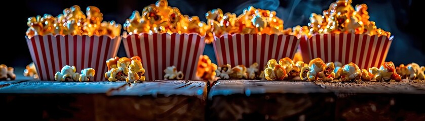 A row of striped popcorn buckets filled with freshly popped corn set on a rustic wooden surface...