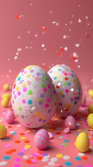 Fototapeta premium Colorful easter eggs on pink background with confetti