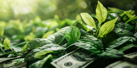 A bunch of green leaves and dollar bills