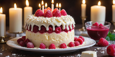 Symbols of birthday celebration:White chocolate raspberry cake, raspberry coulis, white chocolate shavings, fresh raspberries, raspberry dust, white ganache
