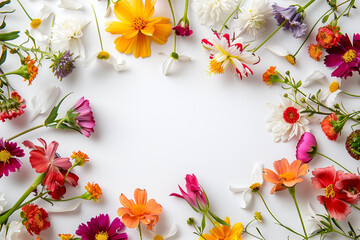 A colorful bouquet of flowers is arranged in a circle on a white background