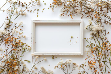 A white frame with a black border sits in front of a bunch of flowers