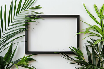 A black frame with a white background and a green leafy plant in the foreground