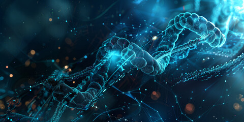 A blue and white DNA strand with a black background