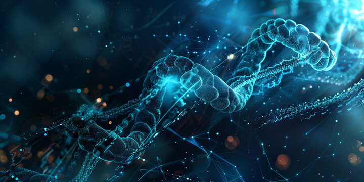 A blue and white DNA strand with a black background