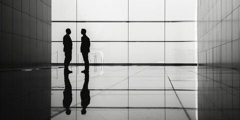 Two men are standing in a large room with a window