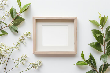 A white frame with a picture inside and a bunch of green leaves surrounding it