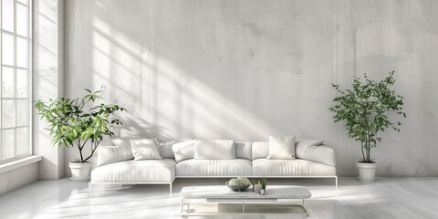 A white living room with a couch, two potted plants, and a coffee table