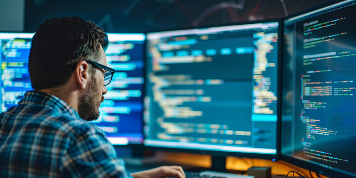 A man is sitting in front of a computer with three monitors