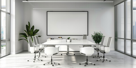 A large white board sits in the middle of a room with a long table