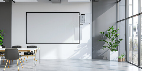 A large white board sits in the middle of a room with a potted plant