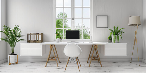 A white office with a large desk and two chairs