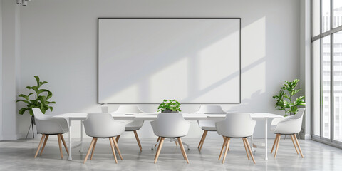 A large white board is on the wall of a room with a white table and chairs