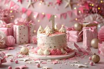 A cake decorated with pink frosting and a number one