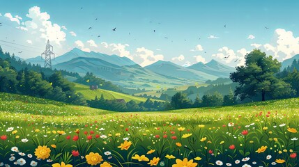 Forest background. Farm field. Trees on hills. Flowers meadow. Country park. Mountain village. Agriculture landscape. Summer farmland. Electricity tower. Vector abstract flat banner