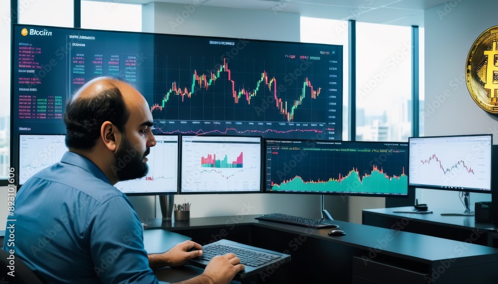 Poster a focused analyst examines cryptocurrency market trends on multiple monitors, showcasing real-time t