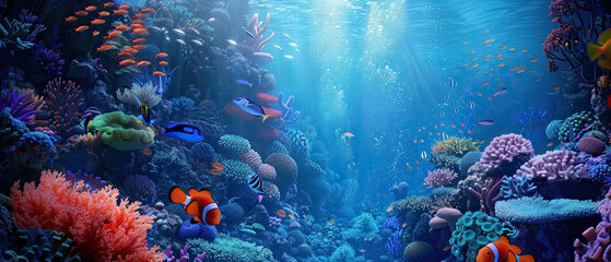  blue underwater scenery, very beautiful, lots of ornamental fish, with coral reefs,  Generate AI