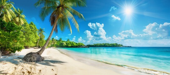 A beautiful tropical beach with palm trees and a clear blue sky. The sun is shining brightly, casting warm light on the white sand that sparkles underfoot - Powered by Adobe