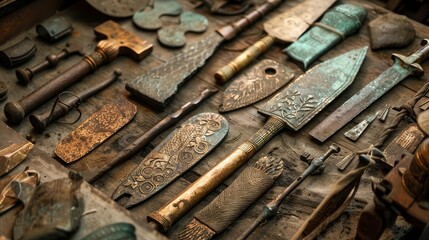 Depict a collection of bronze tools and weapons from a historical period, showing the durability and craftsmanship of the alloy, Close up