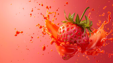 Strawberry in splashes of red juice on a red background.