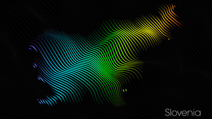 A map of Slovenia is presented in the form of colorful vertical lines against a dark background. The country's borders are depicted in the shape of a rainbow-colored diagram.