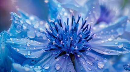 Water droplets cling to the petals of a blue cornflower in exquisite detail. 
