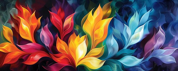 A dynamic abstract oil painting of flowers, where intense colors and fluid shapes merge to form a lively and spirited scene, reflecting the beauty and diversity of nature
