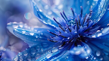 Water droplets cling to the petals of a blue cornflower in exquisite detail. 