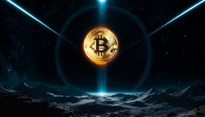 A single Bitcoin radiates with intense blue light beams in a mystical mountain landscape under a starry night sky, depicting high value.. AI Generation