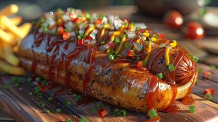 Delicious gourmet hot dog with a variety of colorful toppings on a wooden board, perfect for a summer BBQ or outdoor party.