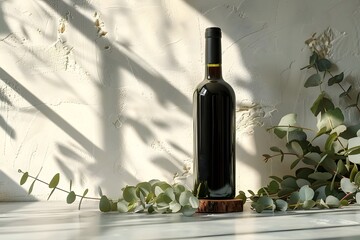 Bottle of wine on table near plant