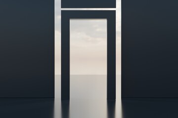 Interior dark room, hangar with concentrate wall and floor, fog and mist environment. 3d render. 