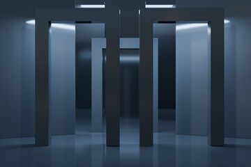 Interior dark room, hangar with concentrate wall and floor, fog and mist environment. 3d render. 