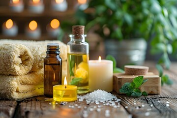 Close up of essential oils bottle, candle, towels
