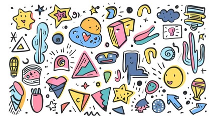 Colorful hand drawing of various shapes and objects, including a star, a triangle, heart and others on white background.