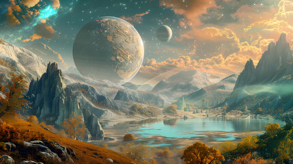 landscape full of planets and stars galaxies mountains and lakes