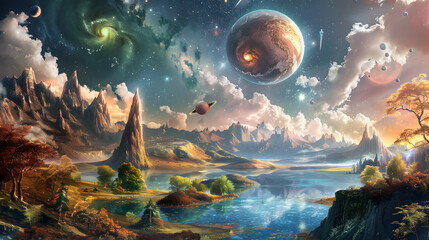 landscape full of planets and stars galaxies mountains and lakes