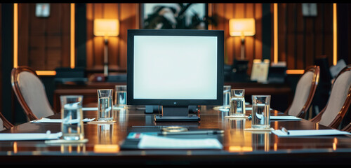Elegant boardroom with a small square blank TV screen, setting a prestigious corporate planning session.