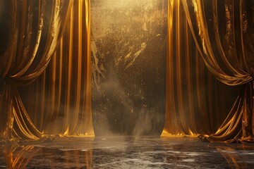 A golden cloth stage design on a grungy floor backdrop, suitable for product displays, featuring a luxurious presentation and gold curtain, created using Generative AI.