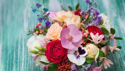 Beautiful, vivid, colorful mixed flower bouquet still life detail